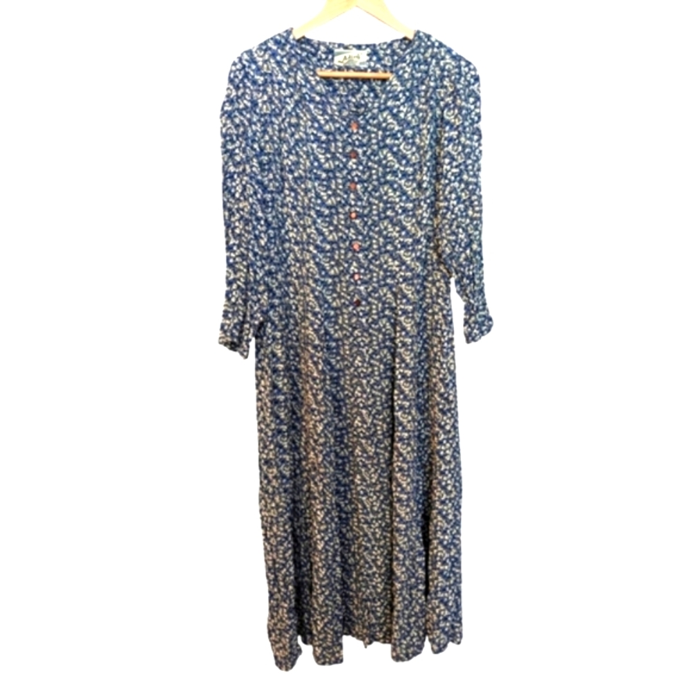 ADINI Vintage Floral Long Sleeve Dress Medium Blue Cream